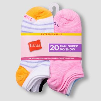 Photo 2 of 
Hanes Girls' 20pk Super No Show Socks - Colors May Vary size L 