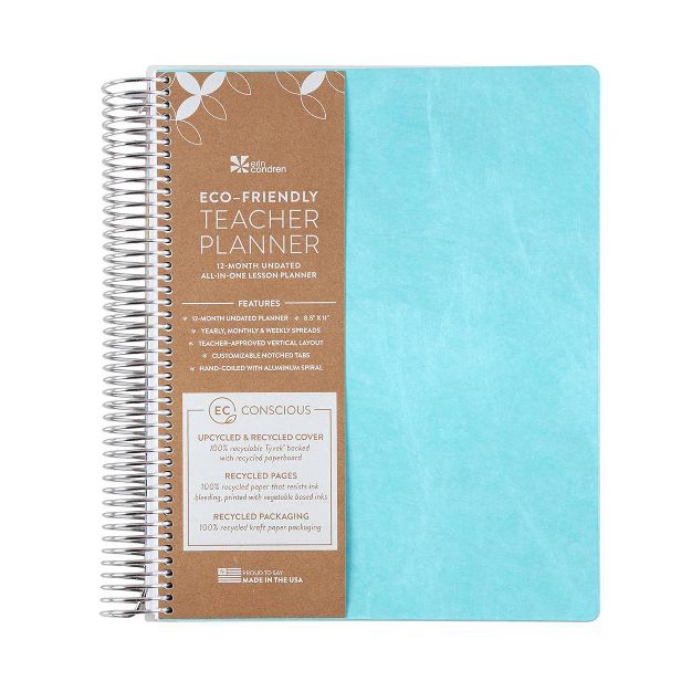 Photo 2 of Undated 12 Month Teacher Lesson Planner Eco-Friendly Coiled 8.5"x11" Turquoise - erin condren

