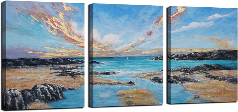 Photo 1 of Ardemy Blue Coastal Wall Art Bathroom Decor Seaside Rock Beach Abstract Pictures Beige Modern Landscape Painting, 12"x16"x3 Panels Framed Ready to Hang for Bedroom Living Room Home Office Wall Decor
