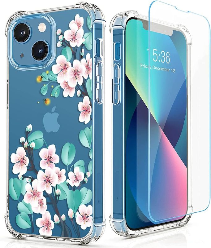 Photo 1 of [5-in-1] RoseParrot iPhone 13 Case with Screen Protector + Ring Holder + Waterproof Pouch, Clear with Floral Pattern Design, Soft&Flexible Bumper Shockproof Protective Cover 
