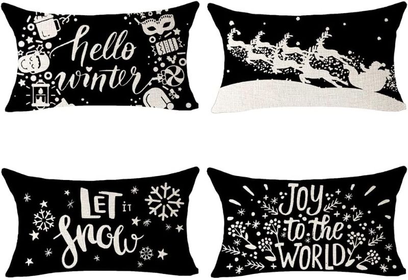 Photo 1 of ASTIHN Pack of 4 Merry Christmas Hello Winter Let It Snow Joy to The World Cotton Linen Decorative Lumbar Throw Pillow Cover Cushion Case for Sofa Living Room Rectangle 12 X 20 inches