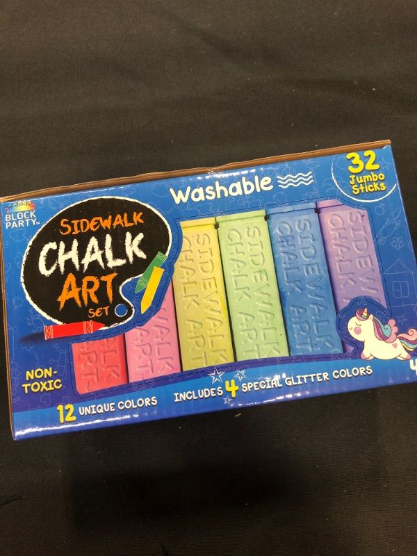 Photo 2 of Block Party Sidewalk Chalk 32-Piece Art Set - BIG BOLD Colors Includes 4 Glitter Chalk That Sparkle, Square Non-Roll Kids Chalk, Washable