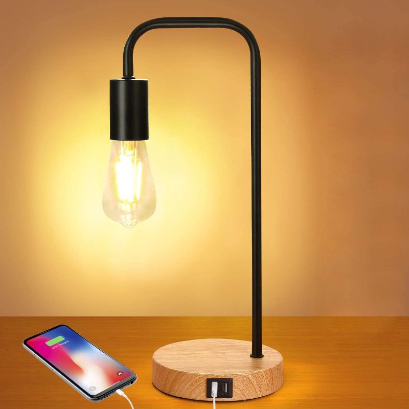 Photo 1 of 3-Way Touch Control Dimmable Table Lamp with 2 USB Charging Ports, AC Outlet & Vintage St64 E26 Edison LED Bulbs Included, Industrial Metal Bedside Nightstand Desk Lamp Ideal for Bedroom Living Room