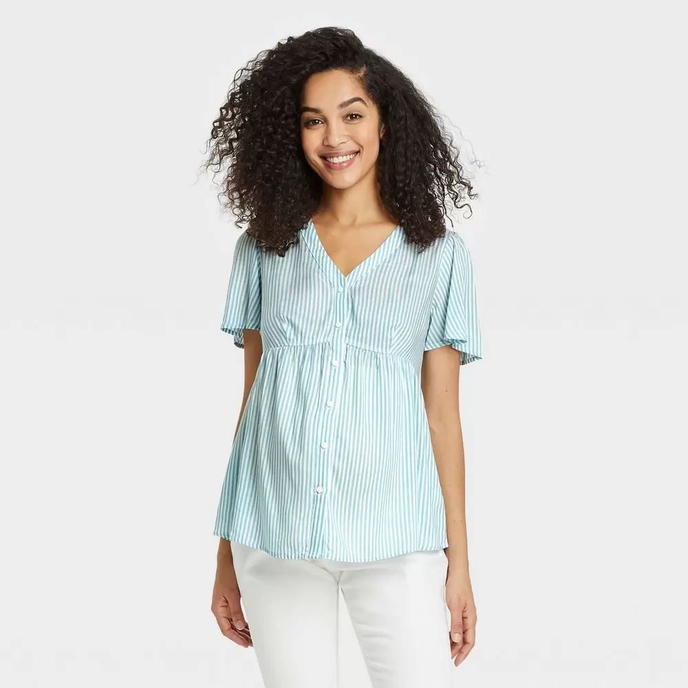 Photo 1 of  Short Sleeve V-Neck Button-Front Woven Maternity Shirt - Isabel Maternity by Ing - medium