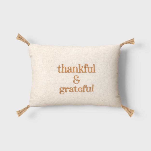 Photo 1 of 'Thankful & Grateful' Embroidered Lumbar Throw Pillow Cream/Brown - Threshold™

