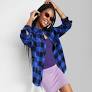 Photo 1 of  Women's Long Sleeve Hi-Low Oversized Flannel Shirt - Wild Fable Blue Plaid M