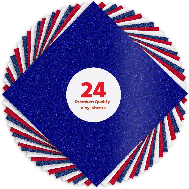 Photo 1 of Khava Vinyl Sheets - 24 Pack Self Adhesive Permanent Vinyl in Assorted Top Gun Colors in Opaque Glossy Glitter Finishes, 12” x 12” Waterproof Sheets for July 4th Decor, DIY Crafts