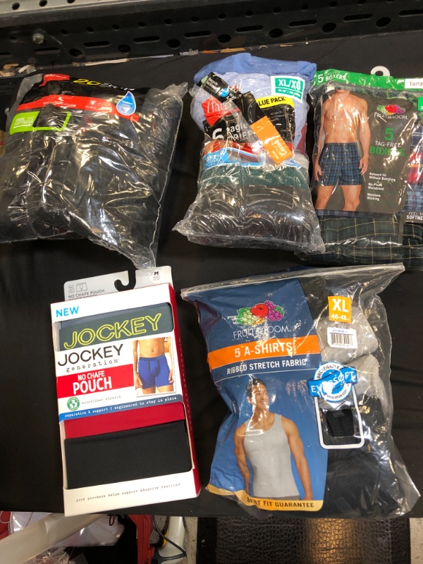 Photo 1 of 5 COUNT LOT MISCELLANEOUS ITEMS SOCKS 6-12,BOXERS SIXE S/M/XL,  SHIRTS SIZE XL 