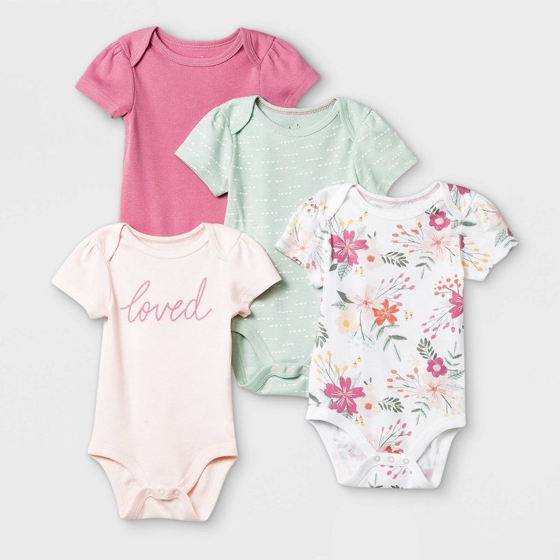 Photo 1 of Baby Girls' 4pk Meadow Short Sleeve Bodysuit - Cloud Island Pink/White/Green New