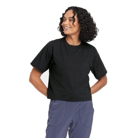 Photo 1 of 2 ITEM COUNT Black Supima Cotton Cropped Active Short Sleeve Top - Large
