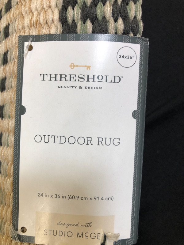 Photo 3 of 2' X 3' Powerloom Woven Stripe Outdoor Rug Sage/Charcoal Gray - Threshold™ Designed with Studio McGee
