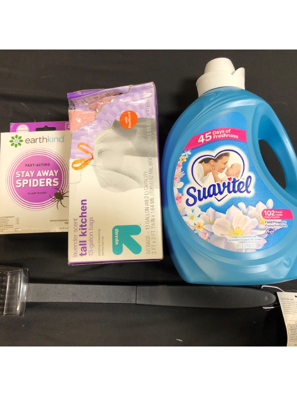Photo 1 of 4 ITEM COUNT MISCELLANEOUS -EarthKind Stay Away Spider Repellent , FlexGuard Tall Kitchen Drawstring Trash Bags - Lavender Scent - 13 Gallon - 50ct -Suavitel Fabric Conditioner, Field Flowers Scent, 135 Oz ,18 Grill Brush - Room Essentials ( ONE ITEM HAS 