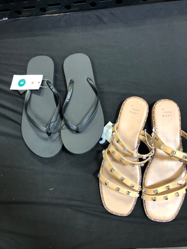 Photo 1 of 2 PC SET Women's Hollis Embellished Slide Sandals - a New Day Tan SIZE  9 & BLACK SANDALS 
