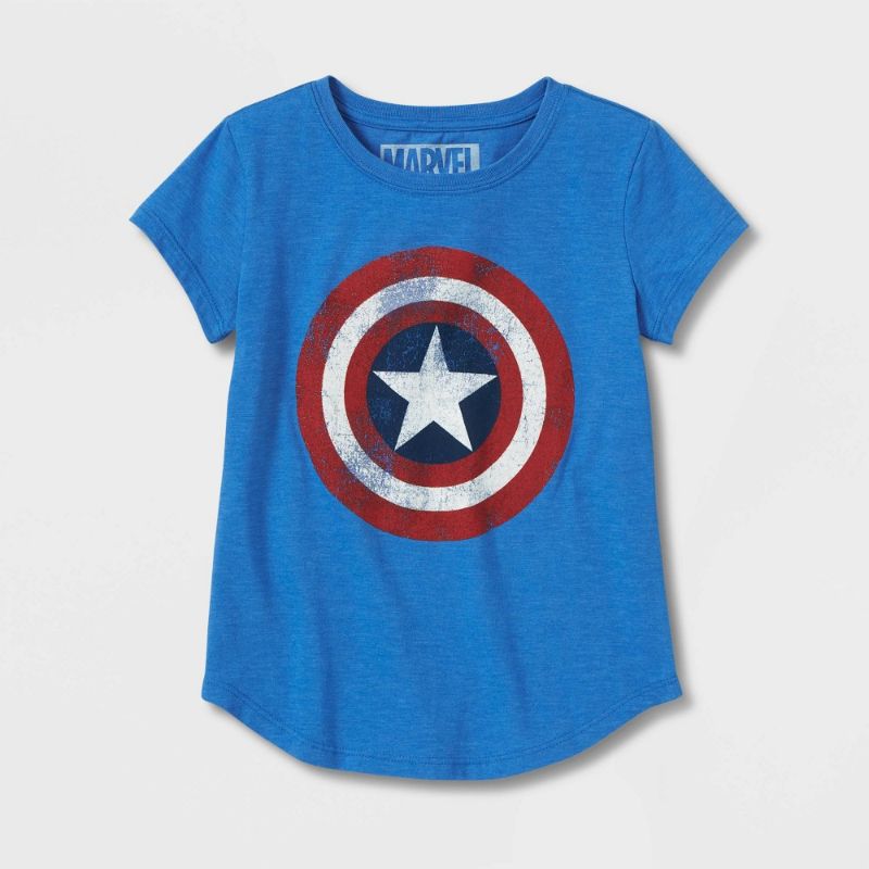 Photo 1 of 2 ITEM COUNT Girls' Marvel Captain America Shield Short Sleeve T-Shirt - SIZE XS & Toddler Boy' Mickey Moue Reverible Bucket Hat - Red/Blue

