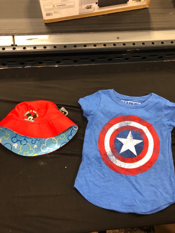 Photo 3 of 2 ITEM COUNT Girls' Marvel Captain America Shield Short Sleeve T-Shirt - SIZE XS & Toddler Boy' Mickey Moue Reverible Bucket Hat - Red/Blue

