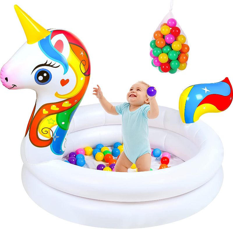 Photo 1 of 90shine Unicorn Kiddie Baby Pool with 50pcs Pit Balls - Inflatable Blow Up Plastic Swimming Pools/Ice Serving Bar/Buffet Cooler, Toys Gifts for Kids Toddler Infant Backyard Party Supplies
