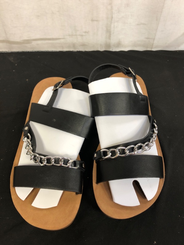 Photo 1 of  WOMEN'S SLIGHT WEDGE BLACK SANDALS WITH CHAIN DECALS, SIZE 7.5 