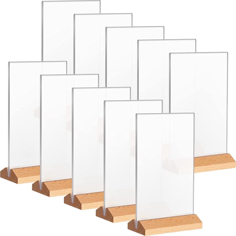 Photo 1 of 10 Pieces Display Stand Clear Plastic Sign Holder Double Sided Plastic Paper Holder Portrait Style Clear Acrylic Frames Acrylic Frame Holder Wood Base Vertical Back for Restaurants (Triangle Style)
, FACTORY SEALED 
