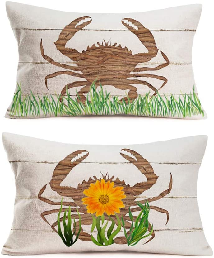 Photo 1 of Xihomeli 2 Pieces Decorative Pillow Covers 12”x20” Ocean Crab Patterns Cushion Cases Sunflowers and sea-Weed Cotton Linen Pillow Case Vintage Wooden Plank Rectangular Outdoor Pillow Covers (2ps Crab)
