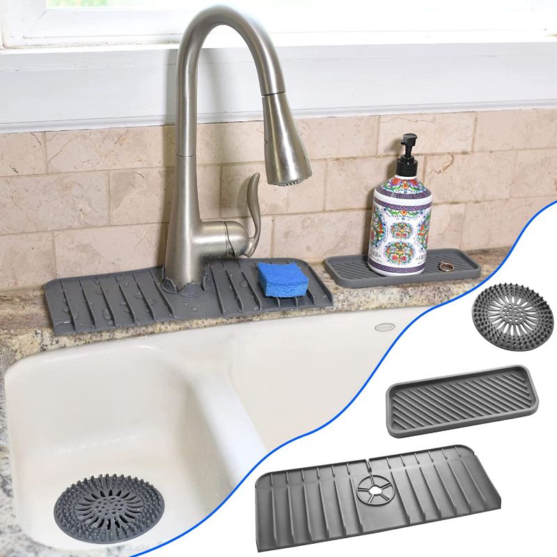 Photo 1 of 3 Product Kitchen Sink Accessories Bundle, Silicone Faucet Handle Drip Catcher Tray, Faucet Mat For Kitchen Sink, Silicone Tray, Shower Drain Hair Catcher, Perfect Kitchen Gadget and RV Kitchen