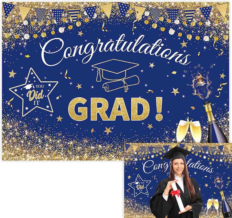 Photo 1 of Allenjoy 7x5ft Congrats Grad Backdrop Class of 2022 Glitter Gold Royal Blue Stars Academic Cap Diploma Photography Background for Congratulations Celebration Prom Party Decor Banner Photo Booth Props

