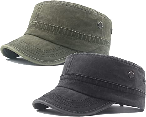 Photo 1 of 2 Pack Men's Cotton Military Caps Cadet Army Caps Vintage Flat Top Cap
