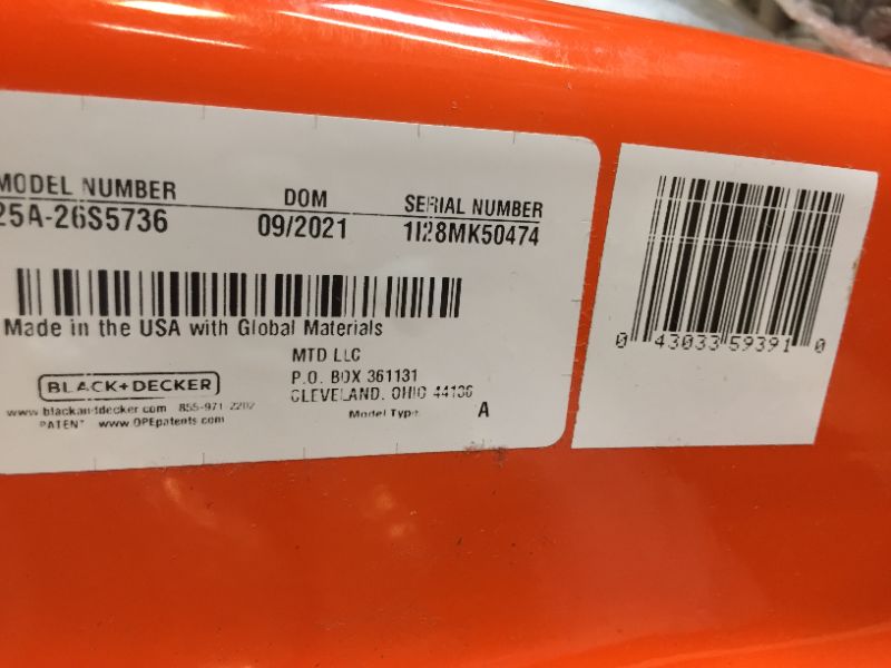 Photo 1 of BLACK+DECKER 25A-26S5736 4-Cycle Gas Powered 22-Inch Walk-Behind High-Wheeled String Trimmer with 140cc OHV Engine, Black and Orange
