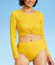 Photo 1 of ALL IN MOTION YELLOW TWIST-FRONT RIBBED LONG SLEEVE CROPPED TOP  SIZE XL --STAIN--