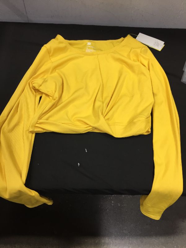 Photo 2 of ALL IN MOTION YELLOW TWIST-FRONT RIBBED LONG SLEEVE CROPPED TOP  SIZE XL --STAIN--
