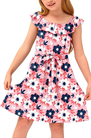 Photo 1 of BesserBay Girl's Casual Ruffle Elastic Neckline Off Shoulder Floral Midi Dress 3-14 Years  -- Size 8 --
