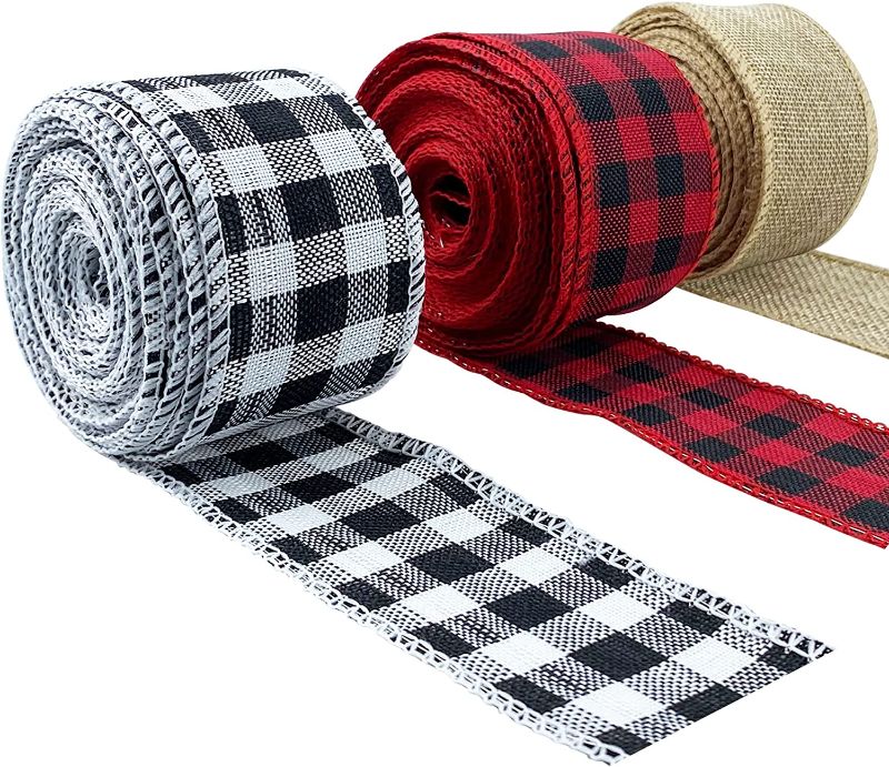 Photo 1 of 3 Rolls Christmas Wired Edge Ribbons, Black Red Plaid Ribbon, Black White Buffalo Plaid Ribbon and Burlap Craft Ribbon for DIY Wrapping Gifts,Christmas Thanksgiving Wedding Crafts  -- Factory Sealed --
