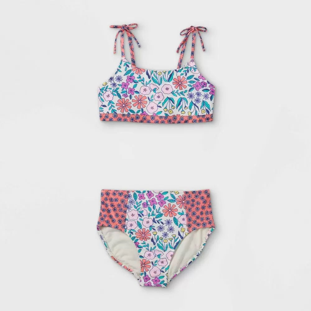 Photo 1 of Girls' Floral Print High-Waist 2pc Bikini Set - Cat & Jack Pink Size  XS