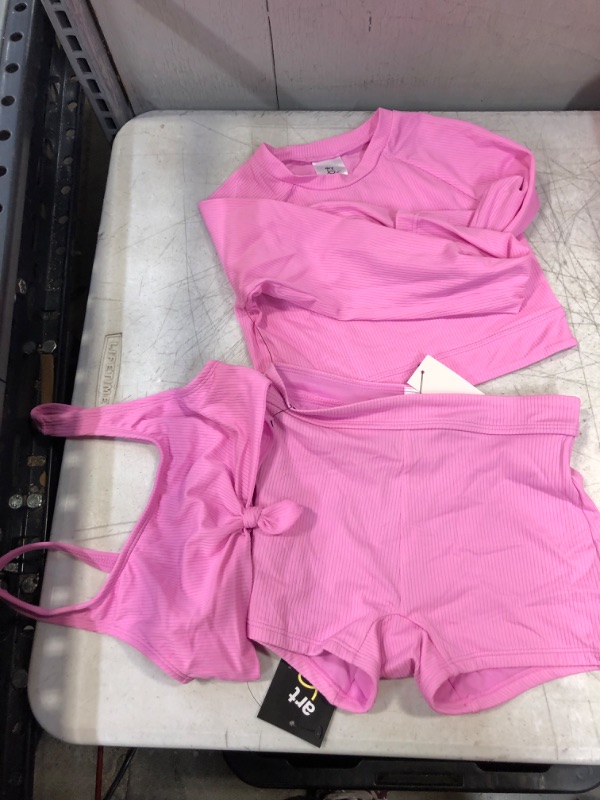 Photo 2 of  Girls' 3pc Long Sleeve Ribbed Rashguard and Bikini Short Set- art class Pink Size M -