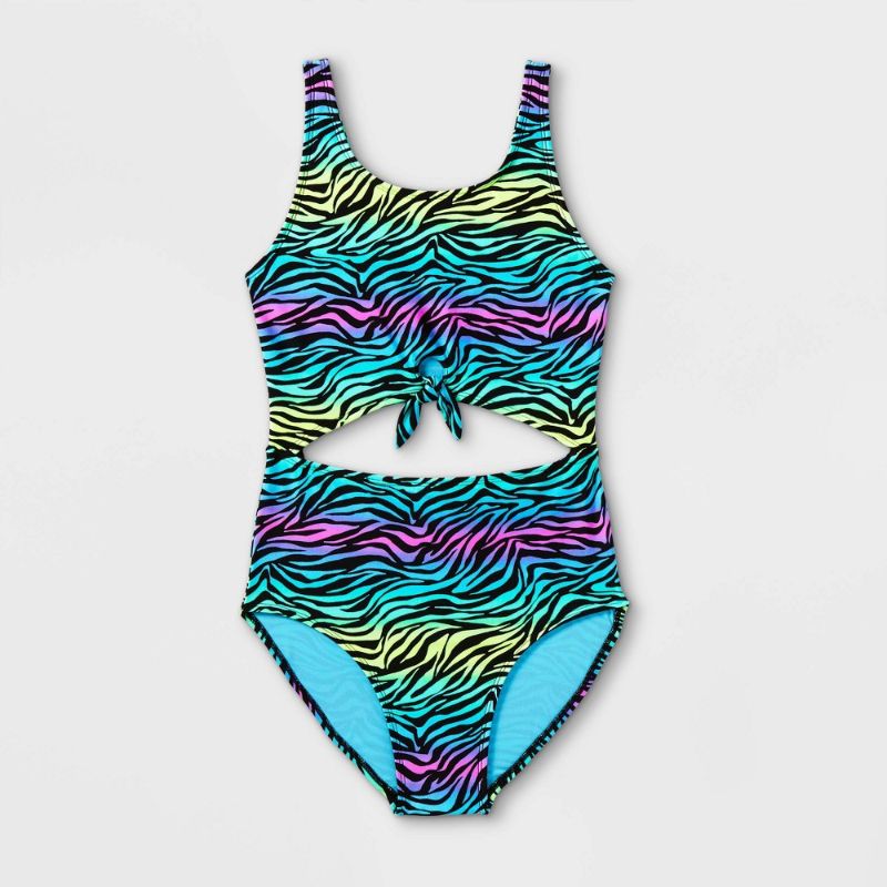 Photo 1 of  Girls' Zebra Print Tie-Front One Piece Swimsuit - art class Black Size XS -