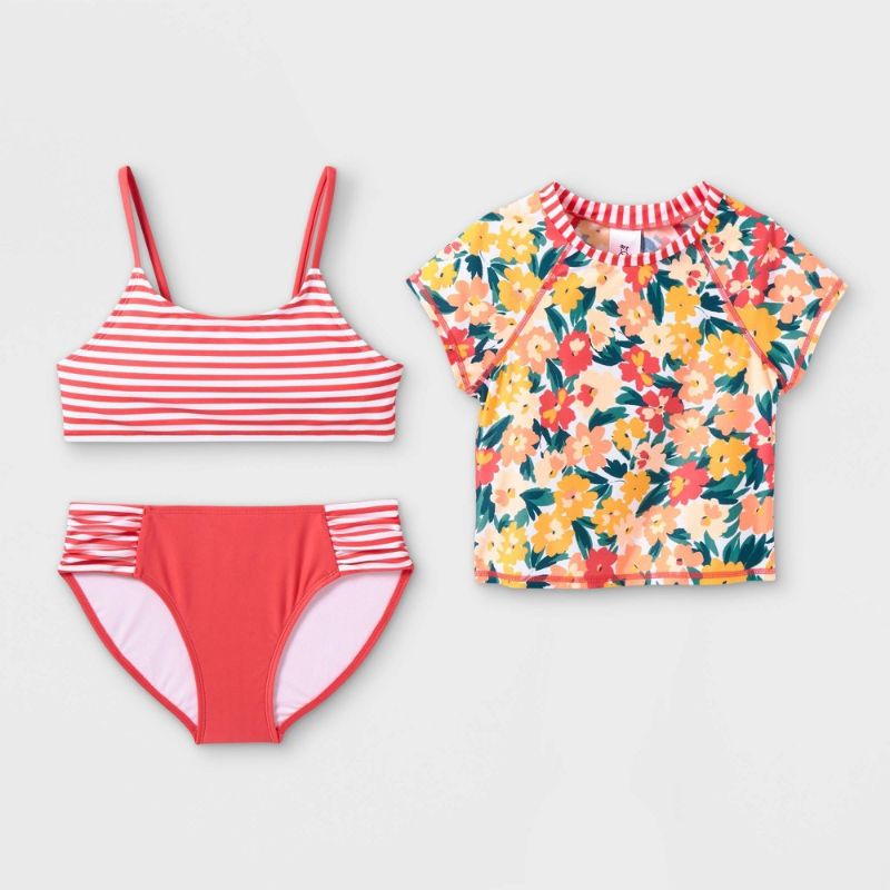 Photo 2 of Girls' Floral Striped 3pc Short Sleeve Rashguard and Bikini Set and Girls' 'Floral Funk' Bikini Swimsuit both Size Small -