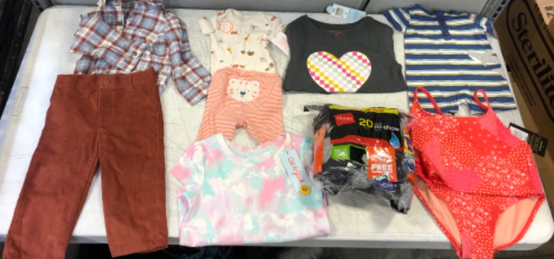 Photo 5 of Bag Lot -- Girls' Checkered Heart Long Sleeve Size 5T ,  Girls' Tie-Dye Short Sleeve 4T ,  Tiger Striped Top & Bottom Set Size New Born ,  Button Up With Matching Pants Size 12M , Baby Boys' Shark Striped Romper Size New Born , Girls' Floral Print Patchwo