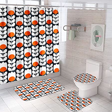 Photo 1 of 4 Pack Floral Shower Curtains with Mat, Bath Mat, Floral Shower Curtain with 12 Hooks, Shower Curtain for Bathroom (Red, White, Black)