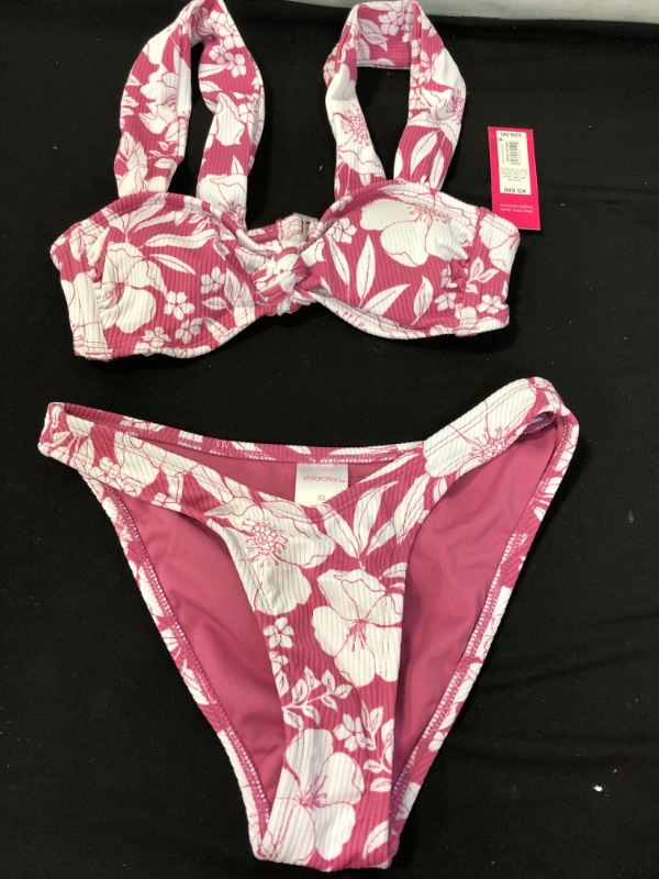 Photo 3 of 2 PIECE Xhilaration™ Berry Pink Floral Print Juniors' Ribbed Cheeky High V-Leg Bikini Botto +  Ribbed Knot-Front Bralette Bikini Top , SIZE XS (00)