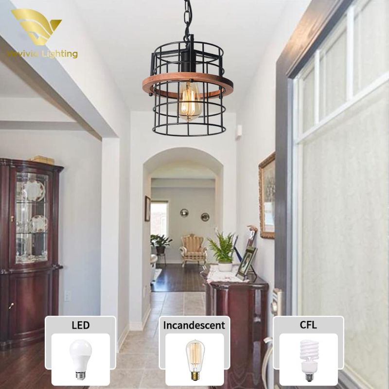 Photo 4 of 1 Small Farmhouse Rustic Pendant Light Fixture for Kitchen Island, Entryway, Dining Room, Foyer, Hallway, Solid Wood Black Metal Cage Shade Cylindrical Lantern Indoor Lighting, UL E26 VE20027