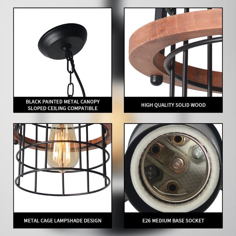 Photo 2 of 1 Small Farmhouse Rustic Pendant Light Fixture for Kitchen Island, Entryway, Dining Room, Foyer, Hallway, Solid Wood Black Metal Cage Shade Cylindrical Lantern Indoor Lighting, UL E26 VE20027
