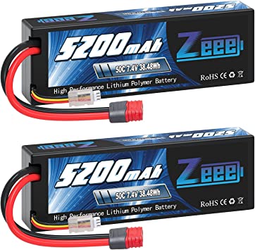 Photo 1 of Zeee 2S Lipo Battery 5200mAh 7.4V 50C Deans T Plug with Housing Hard Case Battery for 1/8 1/10 RC Vehicles Car Slash RC Buggy Truggy RC Truck Racing Hobby(2 Pack)
