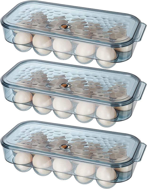 Photo 1 of ZENFUN 3 Pack 16 Grid Egg Holder with Lid, Plastic Tapered Egg Box for Refrigerator Storage, Stackable Egg Tray Container, BPA Free, 12.5x5.7x3 Inches, Translucent Blue

