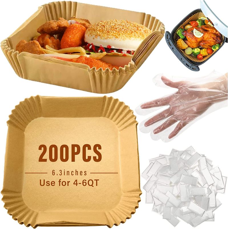 Photo 1 of 200 Pcs Air Fryer Disposable Paper Liner Oil Proof Non Stick Air Fryer Baking Sheet Square Air Fryer Parchment Paper with 200 Disposable Gloves for Baking Roasting Microwave Oven Frying Pan, 6.3 Inch
