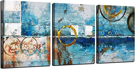 Photo 1 of Ardemy Abstract Wall Art Geometric Circles Blue Teal Painting Modern Blocks Artwork Framed Pictures 12"x16"x 3 Panels for Bathroom Living Room Bedroom Home Office Wall Decor, Original Design
