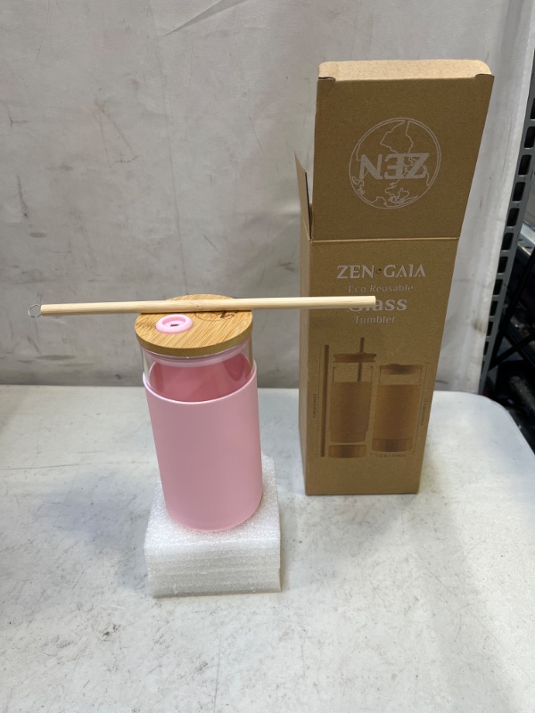 Photo 2 of Zen Gaia 20oz. Glass Tumbler With Silicone Protective Sleeve and Bamboo Base, Bamboo Lid & Straw. (20oz., Pink)
