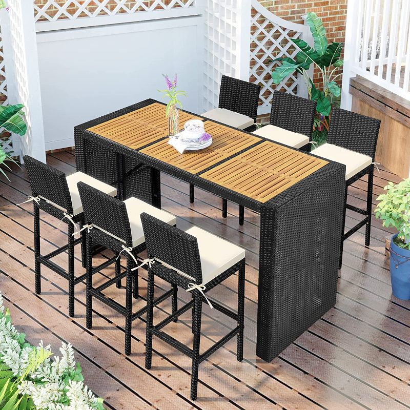 Photo 1 of **INCOMPLETE**kupet Outdoor Patio 7-Piece Rattan Dining Table Set, PE Wicker Bar Furniture with Wood Tabletop and 6 Chairs for Backyard, Garden, Black
