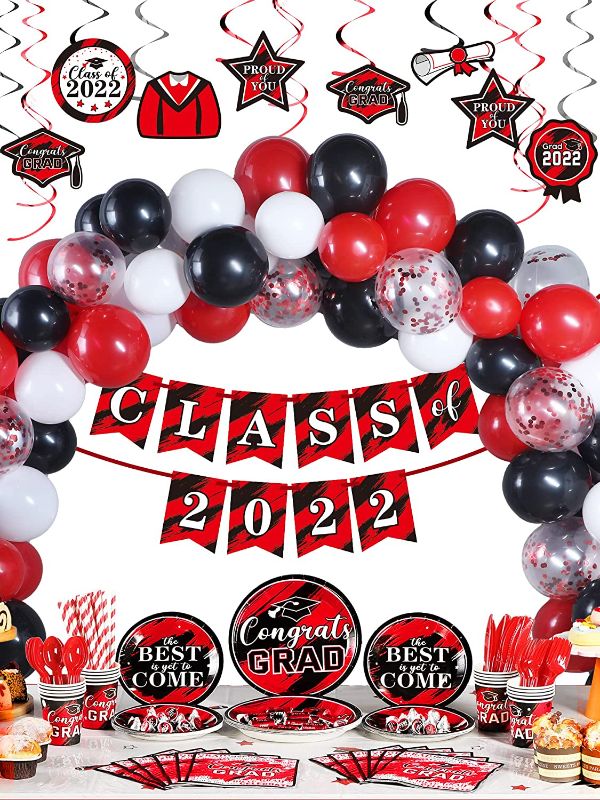 Photo 1 of 294 Pieces Graduation Party Supplies Set, Class of 2022 Graduation Decorations, Including Graduate Tableware Paper Plates Napkins Cups Plastic Tablecloth Banner Balloons Hanging Swirls (Red)
