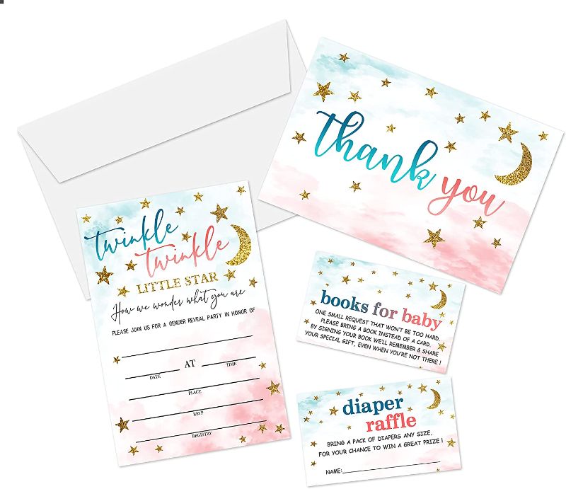 Photo 1 of Baby Shower Invitation Set, Fill In Invites Cards, Books For Baby, Diaper Raffle, Thank You, Twinkle Twinkle , Each Design 25 Cards & Envelopes (Total 100 Cards) – (bb010-taozhuang)
