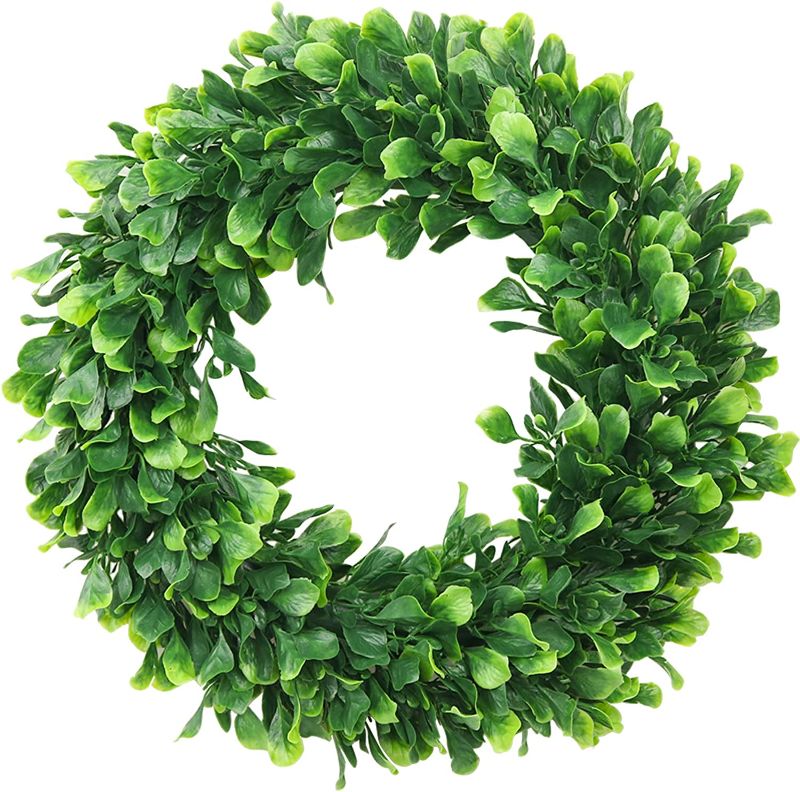 Photo 1 of  Faux Boxwood Wreath  Artificial Green Leaves Wreath for Front Door Hanging Wall Window Wedding Party Decoration