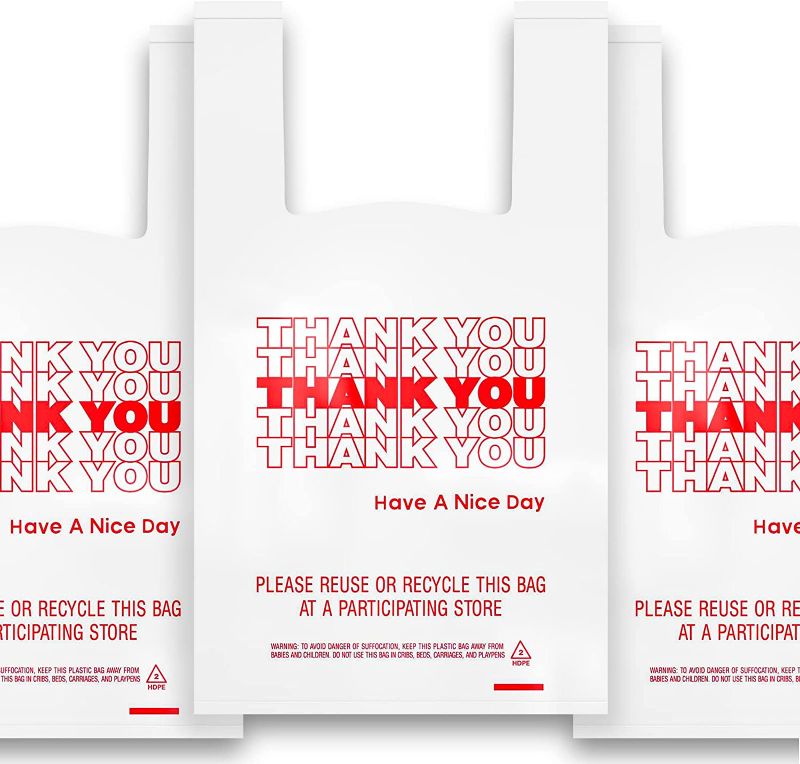 Photo 1 of 400 Pack Thank You Plastic Bags Bulk - Premium Quality 15 Mic (0.6 Mil) Thick Grocery Bags - Reusable Plastic Bags For Small Business - Take Out Plastic Bags For Food - 11.5" X 6.5" X 21" T-Shirt Bags
